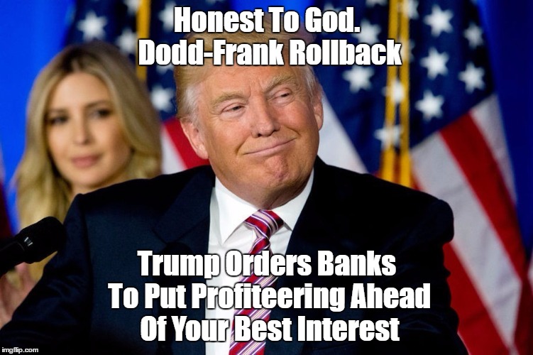 Trump Orders Banks To Put Profiteering Ahead Of Your Best Interest | Honest To God. Dodd-Frank Rollback Trump Orders Banks To Put Profiteering Ahead Of Your Best Interest | image tagged in dodd-frank rollback,profiteering,bankers make out like bandits because they are bankers,dodd-frank,trump's executive order,execu | made w/ Imgflip meme maker