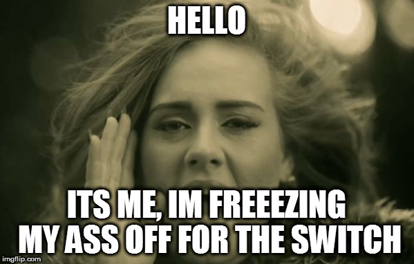 adele hello | HELLO; ITS ME, IM FREEEZING MY ASS OFF FOR THE SWITCH | image tagged in adele hello | made w/ Imgflip meme maker