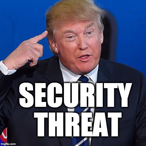 donald is a security threat | SECURITY THREAT | image tagged in donald trump,potus45,chump,trump,conartist | made w/ Imgflip meme maker