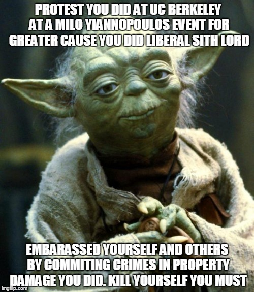 Star Wars Yoda | PROTEST YOU DID AT UC BERKELEY AT A MILO YIANNOPOULOS EVENT FOR GREATER CAUSE YOU DID LIBERAL SITH LORD; EMBARASSED YOURSELF AND OTHERS BY COMMITING CRIMES IN PROPERTY DAMAGE YOU DID. KILL YOURSELF YOU MUST | image tagged in memes,star wars yoda,yoda wisdom | made w/ Imgflip meme maker