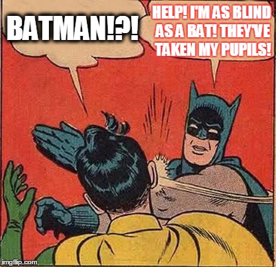Batman Slapping Robin Meme | BATMAN!?! HELP! I'M AS BLIND AS A BAT! THEY'VE TAKEN MY PUPILS! | image tagged in memes,batman slapping robin | made w/ Imgflip meme maker