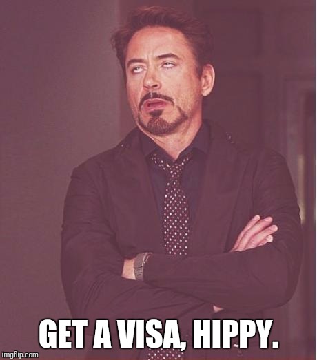 Face You Make Robert Downey Jr Meme | GET A VISA, HIPPY. | image tagged in memes,face you make robert downey jr | made w/ Imgflip meme maker
