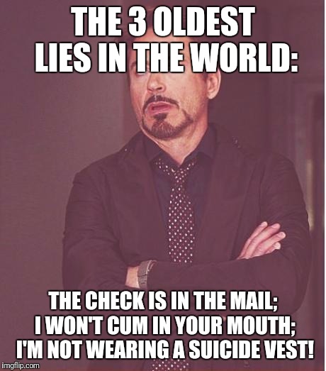 Face You Make Robert Downey Jr Meme | THE 3 OLDEST LIES IN THE WORLD: THE CHECK IS IN THE MAIL; I WON'T CUM IN YOUR MOUTH; I'M NOT WEARING A SUICIDE VEST! | image tagged in memes,face you make robert downey jr | made w/ Imgflip meme maker