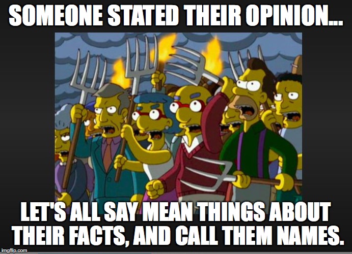 SOMEONE STATED THEIR OPINION... LET'S ALL SAY MEAN THINGS ABOUT THEIR FACTS, AND CALL THEM NAMES. | image tagged in kill them for having an opinion | made w/ Imgflip meme maker