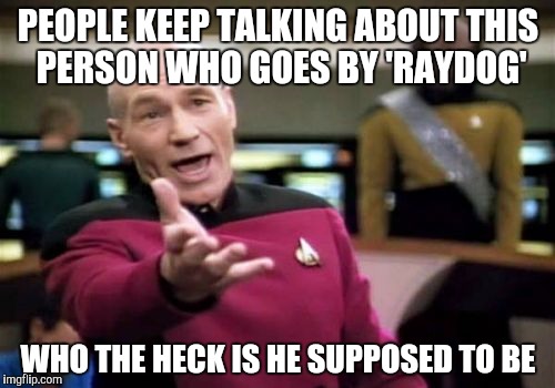 Picard Wtf Meme | PEOPLE KEEP TALKING ABOUT THIS PERSON WHO GOES BY 'RAYDOG'; WHO THE HECK IS HE SUPPOSED TO BE | image tagged in memes,picard wtf | made w/ Imgflip meme maker