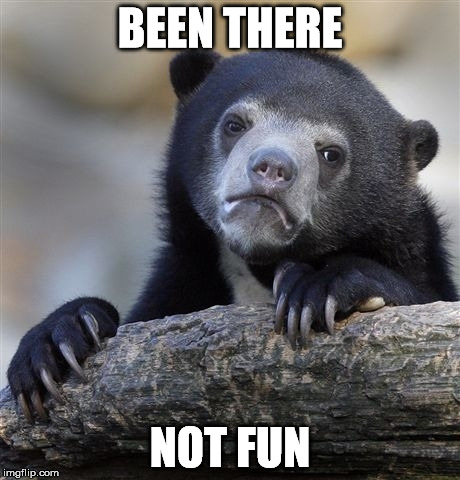 Confession Bear Meme | BEEN THERE NOT FUN | image tagged in memes,confession bear | made w/ Imgflip meme maker