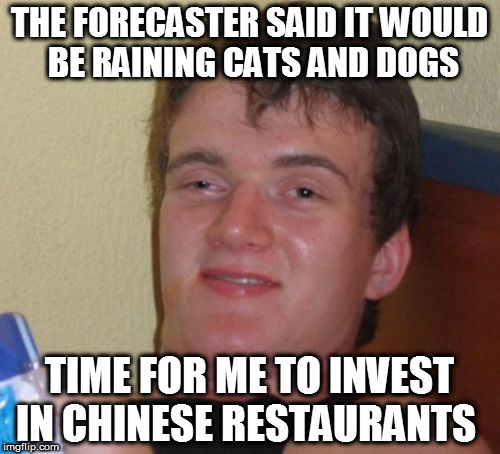 10 Guy Meme | THE FORECASTER SAID IT WOULD BE RAINING CATS AND DOGS; TIME FOR ME TO INVEST IN CHINESE RESTAURANTS | image tagged in memes,10 guy | made w/ Imgflip meme maker
