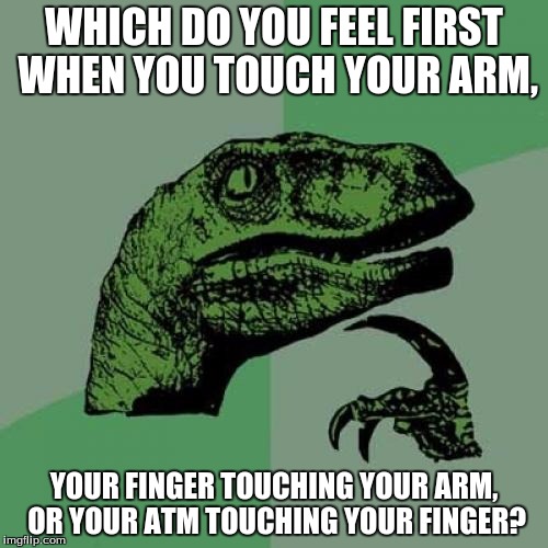 Philosoraptor | WHICH DO YOU FEEL FIRST WHEN YOU TOUCH YOUR ARM, YOUR FINGER TOUCHING YOUR ARM, OR YOUR ATM TOUCHING YOUR FINGER? | image tagged in memes,philosoraptor | made w/ Imgflip meme maker