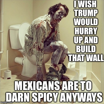 zombie toilet | I WISH TRUMP WOULD HURRY UP AND BUILD THAT WALL; MEXICANS ARE TO DARN SPICY ANYWAYS | image tagged in zombie toilet | made w/ Imgflip meme maker