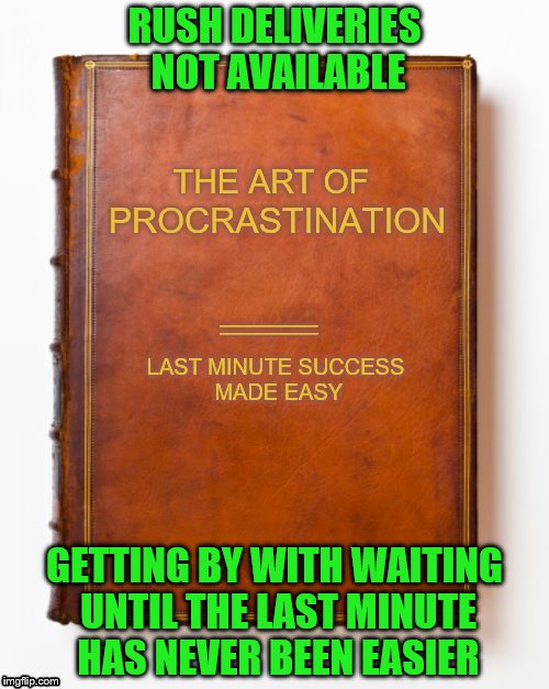 Includes Tips On How To Lollygag Like A Pro | RUSH DELIVERIES NOT AVAILABLE; GETTING BY WITH WAITING UNTIL THE LAST MINUTE HAS NEVER BEEN EASIER | image tagged in memes,funny book titles,funny books | made w/ Imgflip meme maker