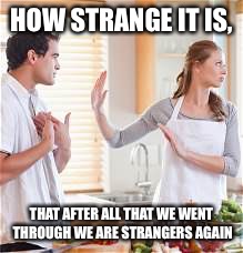Break up | HOW STRANGE IT IS, THAT AFTER ALL THAT WE WENT THROUGH WE ARE STRANGERS AGAIN | image tagged in break up | made w/ Imgflip meme maker