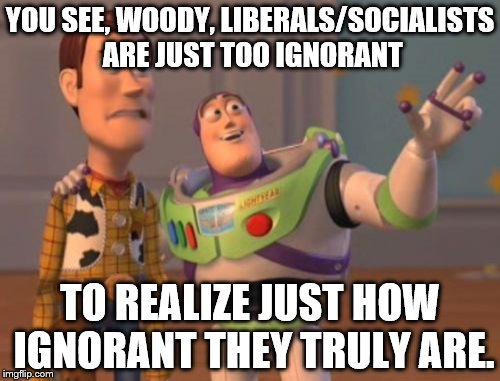 X, X Everywhere Meme | YOU SEE, WOODY, LIBERALS/SOCIALISTS ARE JUST TOO IGNORANT; TO REALIZE JUST HOW IGNORANT THEY TRULY ARE. | image tagged in memes,x x everywhere | made w/ Imgflip meme maker