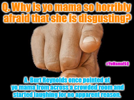 We all want to know why Burt Reynolds did what he did. | Q. Why is yo mama so horribly afraid that she is disgusting? #YoMamaFAQ; A. Burt Reynolds once pointed at yo mama from across a crowded room and started laughing for no apparent reason. | image tagged in yo mama,yo mama faq | made w/ Imgflip meme maker
