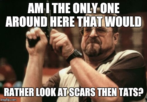 Am I The Only One Around Here Meme | AM I THE ONLY ONE AROUND HERE THAT WOULD RATHER LOOK AT SCARS THEN TATS? | image tagged in memes,am i the only one around here | made w/ Imgflip meme maker