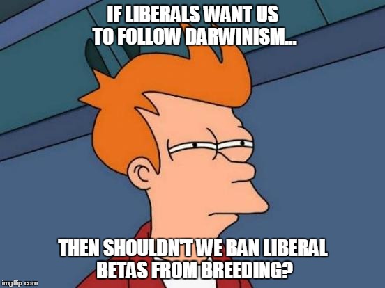 Natural Selection? | IF LIBERALS WANT US TO FOLLOW DARWINISM... THEN SHOULDN'T WE BAN LIBERAL BETAS FROM BREEDING? | image tagged in memes,futurama fry,liberal,beta,ban,darwin | made w/ Imgflip meme maker