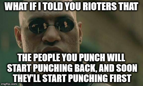 Matrix Morpheus Meme | WHAT IF I TOLD YOU RIOTERS THAT; THE PEOPLE YOU PUNCH WILL START PUNCHING BACK, AND SOON THEY'LL START PUNCHING FIRST | image tagged in memes,matrix morpheus | made w/ Imgflip meme maker