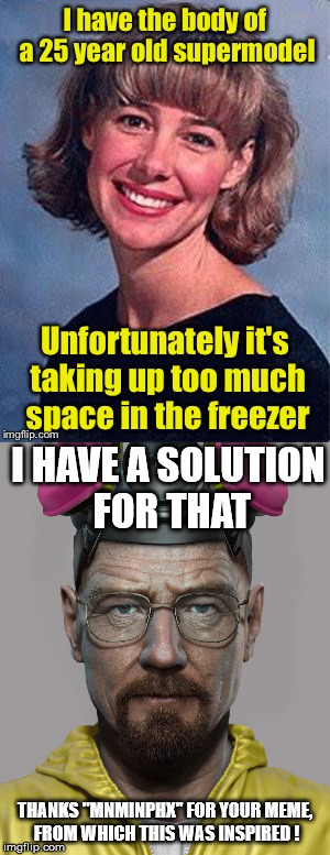 Walter White's Solution for MnMinPhx Supermodel Body Problem...!! | I HAVE A SOLUTION FOR THAT; THANKS "MNMINPHX" FOR YOUR MEME, FROM WHICH THIS WAS INSPIRED ! | image tagged in walter white,supermodel,memes,funny meme,funny memes,morbid | made w/ Imgflip meme maker