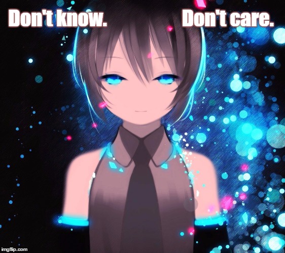 Miku doesn't know or care | Don't know.                    Don't care. | image tagged in i don't care,i don't know,miku,vocaloid,funny | made w/ Imgflip meme maker