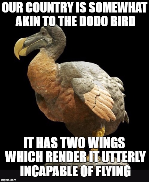 #DodoBird | OUR COUNTRY IS SOMEWHAT AKIN TO THE DODO BIRD; IT HAS TWO WINGS WHICH RENDER IT UTTERLY INCAPABLE OF FLYING | image tagged in dodobird | made w/ Imgflip meme maker