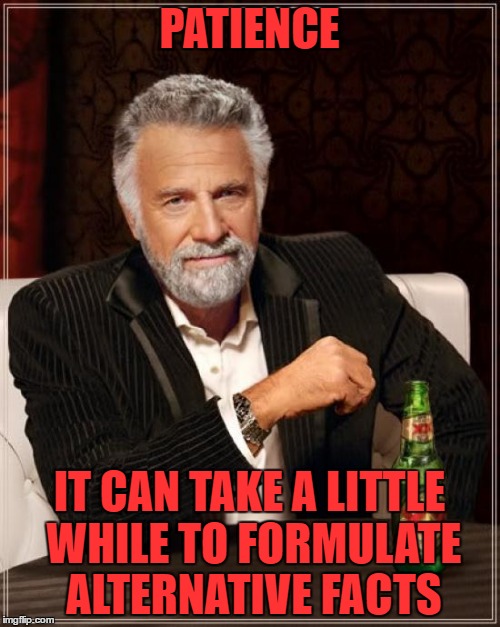The Most Interesting Man In The World Meme | PATIENCE IT CAN TAKE A LITTLE WHILE TO FORMULATE ALTERNATIVE FACTS | image tagged in memes,the most interesting man in the world | made w/ Imgflip meme maker