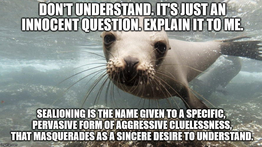 how to sealion | DON'T UNDERSTAND. IT'S JUST AN INNOCENT QUESTION. EXPLAIN IT TO ME. SEALIONING IS THE NAME GIVEN TO A SPECIFIC, PERVASIVE FORM OF AGGRESSIVE CLUELESSNESS, THAT MASQUERADES AS A SINCERE DESIRE TO UNDERSTAND. | image tagged in sealion,how to sealion | made w/ Imgflip meme maker