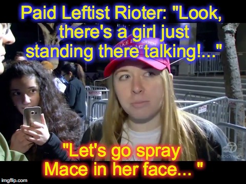 rioter rationale | Paid Leftist Rioter: "Look, there's a girl just standing there talking!..."; "Let's go spray Mace in her face... " | image tagged in rioters,george soros | made w/ Imgflip meme maker