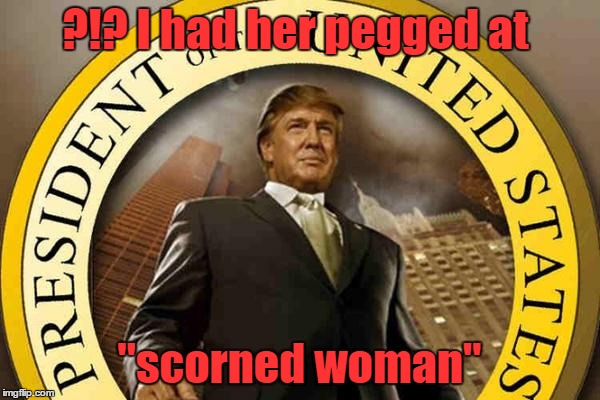 trump | ?!? I had her pegged at "scorned woman" | image tagged in trump | made w/ Imgflip meme maker