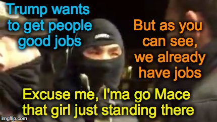 Paid Rioter Rationale | But as you can see, we already have jobs; Trump wants to get people good jobs; Excuse me, I'ma go Mace that girl just standing there | image tagged in rioters,leftists | made w/ Imgflip meme maker