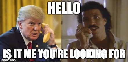 Call me... | HELLO; IS IT ME YOU'RE LOOKING FOR | image tagged in donald trump,lionel richie,banana phone,donald trump approves | made w/ Imgflip meme maker