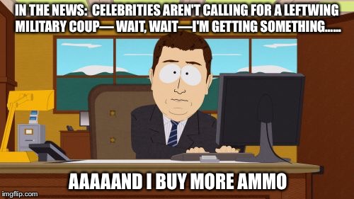 Aaaaand Its Gone | IN THE NEWS:  CELEBRITIES AREN'T CALLING FOR A LEFTWING MILITARY COUP— WAIT, WAIT—I'M GETTING SOMETHING……; AAAAAND I BUY MORE AMMO | image tagged in memes,aaaaand its gone | made w/ Imgflip meme maker