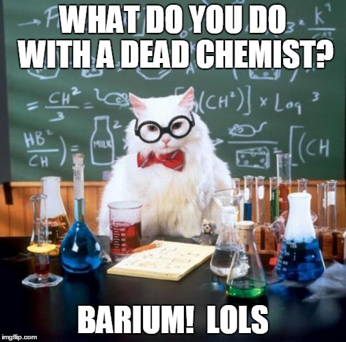 Chemistry Cat | WHAT DO YOU DO WITH A DEAD CHEMIST? BARIUM!  LOLS | image tagged in memes,chemistry cat | made w/ Imgflip meme maker
