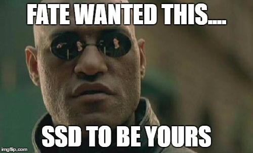 Matrix Morpheus Meme | FATE WANTED THIS.... SSD TO BE YOURS | image tagged in memes,matrix morpheus | made w/ Imgflip meme maker