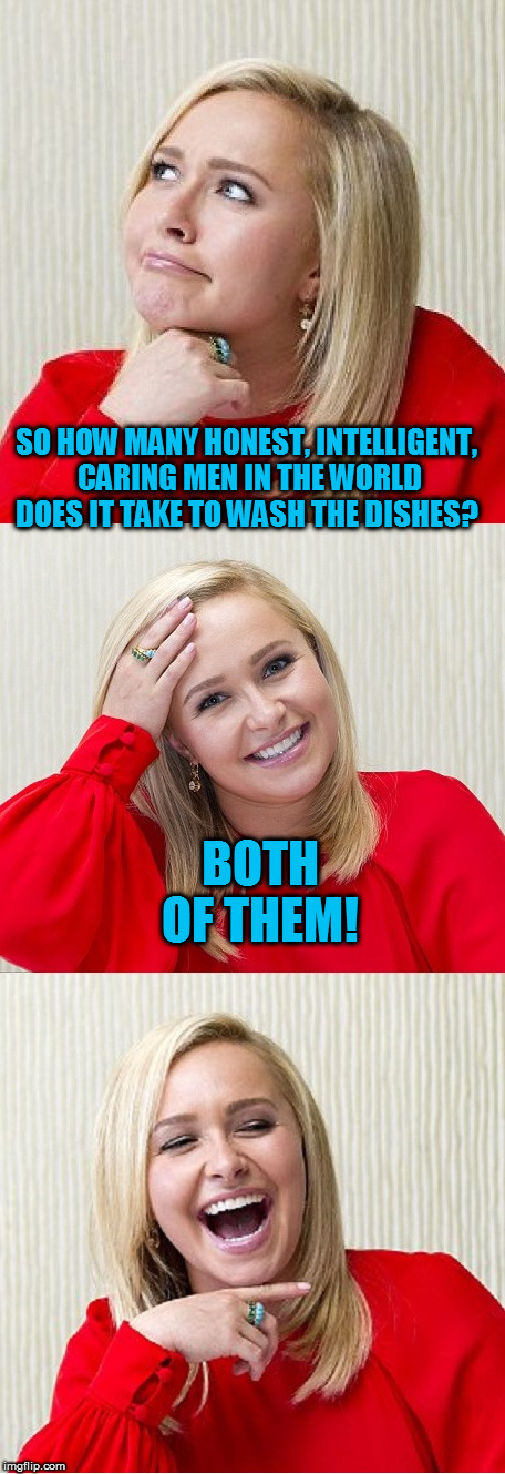 Bad Pun Hayden 2 | SO HOW MANY HONEST, INTELLIGENT, CARING MEN IN THE WORLD DOES IT TAKE TO WASH THE DISHES? BOTH OF THEM! | image tagged in bad pun hayden 2 | made w/ Imgflip meme maker