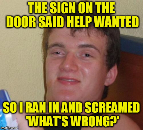 10 Guy | THE SIGN ON THE DOOR SAID HELP WANTED; SO I RAN IN AND SCREAMED 'WHAT'S WRONG?' | image tagged in memes,10 guy | made w/ Imgflip meme maker