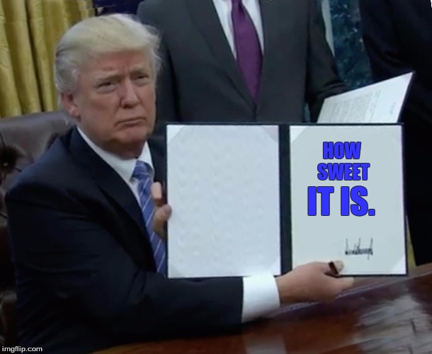 Trump Bill Signing | IT IS. HOW SWEET | image tagged in trump bill signing | made w/ Imgflip meme maker