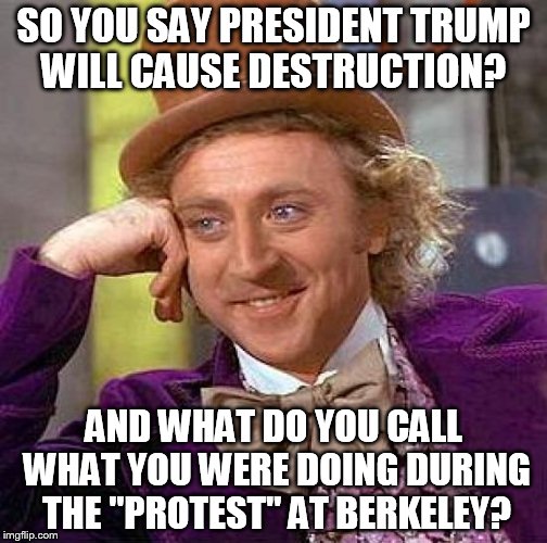 Creepy Condescending Wonka Meme | SO YOU SAY PRESIDENT TRUMP WILL CAUSE DESTRUCTION? AND WHAT DO YOU CALL WHAT YOU WERE DOING DURING THE "PROTEST" AT BERKELEY? | image tagged in memes,creepy condescending wonka | made w/ Imgflip meme maker