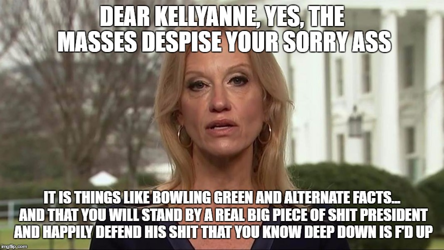 Kellyanne Conway alternative facts | DEAR KELLYANNE, YES, THE MASSES DESPISE YOUR SORRY ASS; IT IS THINGS LIKE BOWLING GREEN AND ALTERNATE FACTS... AND THAT YOU WILL STAND BY A REAL BIG PIECE OF SHIT PRESIDENT AND HAPPILY DEFEND HIS SHIT THAT YOU KNOW DEEP DOWN IS F'D UP | image tagged in kellyanne conway alternative facts | made w/ Imgflip meme maker