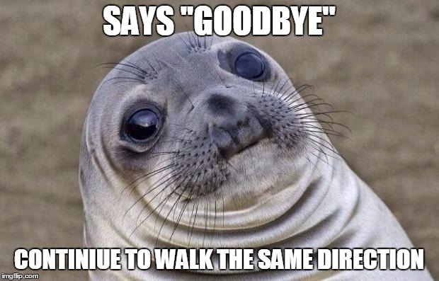 Awkward Moment Sealion Meme | SAYS "GOODBYE"; CONTINIUE TO WALK THE SAME DIRECTION | image tagged in memes,awkward moment sealion | made w/ Imgflip meme maker