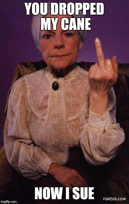 middle finger grandma | YOU DROPPED MY CANE; NOW I SUE | image tagged in middle finger grandma | made w/ Imgflip meme maker
