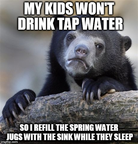 Confession Bear Meme | MY KIDS WON'T DRINK TAP WATER; SO I REFILL THE SPRING WATER JUGS WITH THE SINK WHILE THEY SLEEP | image tagged in memes,confession bear,AdviceAnimals | made w/ Imgflip meme maker