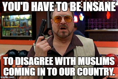 Walter | YOU'D HAVE TO BE INSANE; TO DISAGREE WITH MUSLIMS COMING IN TO OUR COUNTRY. | image tagged in muslims,mental illness,travel ban,the big lebowski,donald trump | made w/ Imgflip meme maker