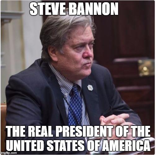 STEVE BANNON; THE REAL PRESIDENT OF THE UNITED STATES OF AMERICA | image tagged in steve bannon,stephen bannon,trump meme,anti trump meme,muslim ban,resist | made w/ Imgflip meme maker