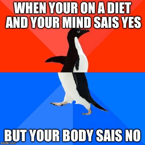 Socially Awesome Awkward Penguin Meme | WHEN YOUR ON A DIET AND YOUR MIND SAIS YES; BUT YOUR BODY SAIS NO | image tagged in memes,socially awesome awkward penguin | made w/ Imgflip meme maker