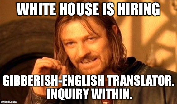 One Does Not Simply Meme | WHITE HOUSE IS HIRING; GIBBERISH-ENGLISH TRANSLATOR. INQUIRY WITHIN. | image tagged in memes,one does not simply | made w/ Imgflip meme maker