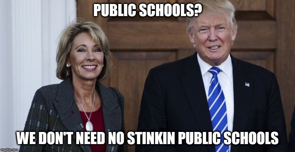 PUBLIC SCHOOLS? WE DON'T NEED NO STINKIN PUBLIC SCHOOLS | image tagged in devos and trump | made w/ Imgflip meme maker