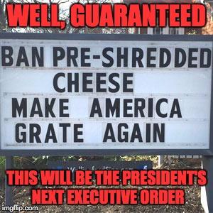 Kraft and Velveeta must've sent their factories to Mexico | WELL, GUARANTEED; THIS WILL BE THE PRESIDENT'S NEXT EXECUTIVE ORDER | image tagged in puns,donald trump,executive orders | made w/ Imgflip meme maker