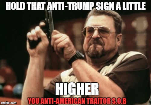 Am I The Only One Around Here Meme | HOLD THAT ANTI-TRUMP SIGN A LITTLE; HIGHER; YOU ANTI-AMERICAN TRAITOR S.O.B | image tagged in memes,am i the only one around here | made w/ Imgflip meme maker