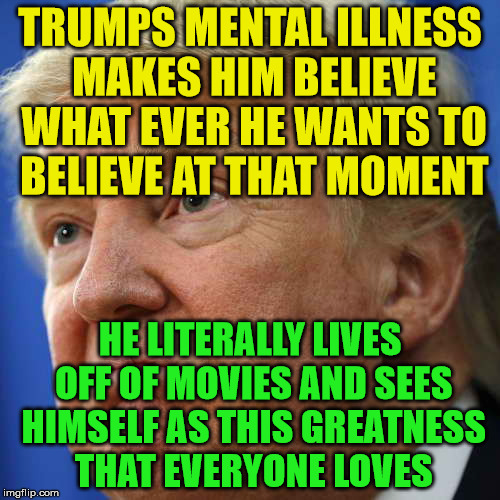 IMPOTUS | TRUMPS MENTAL ILLNESS MAKES HIM BELIEVE WHAT EVER HE WANTS TO BELIEVE AT THAT MOMENT; HE LITERALLY LIVES OFF OF MOVIES AND SEES HIMSELF AS THIS GREATNESS THAT EVERYONE LOVES | image tagged in impotus | made w/ Imgflip meme maker