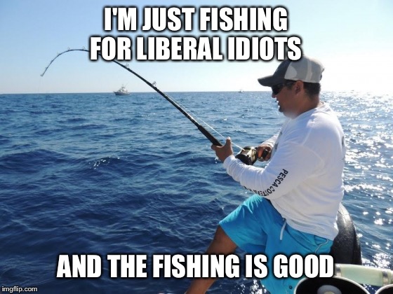 fishing  | I'M JUST FISHING FOR LIBERAL IDIOTS; AND THE FISHING IS GOOD | image tagged in fishing | made w/ Imgflip meme maker