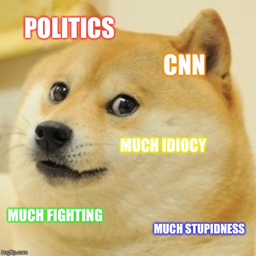 Why is America so messed up right now? | POLITICS; CNN; MUCH IDIOCY; MUCH FIGHTING; MUCH STUPIDNESS | image tagged in memes,doge,politics | made w/ Imgflip meme maker